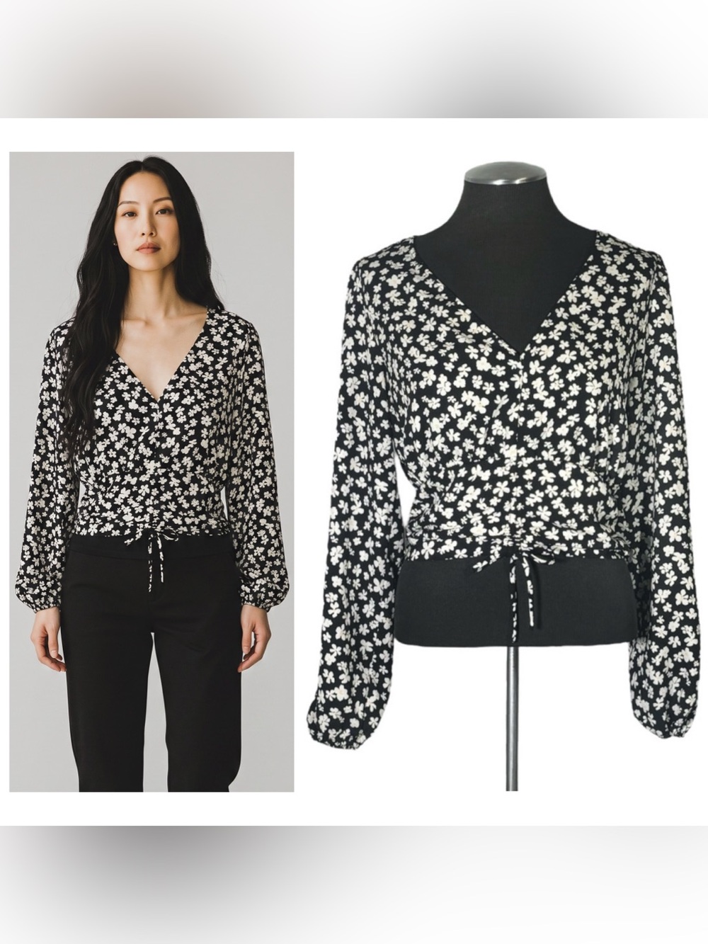 H&M – Daisy Floral V-Neck Ruched Long Sleeve Crop Top – Small
